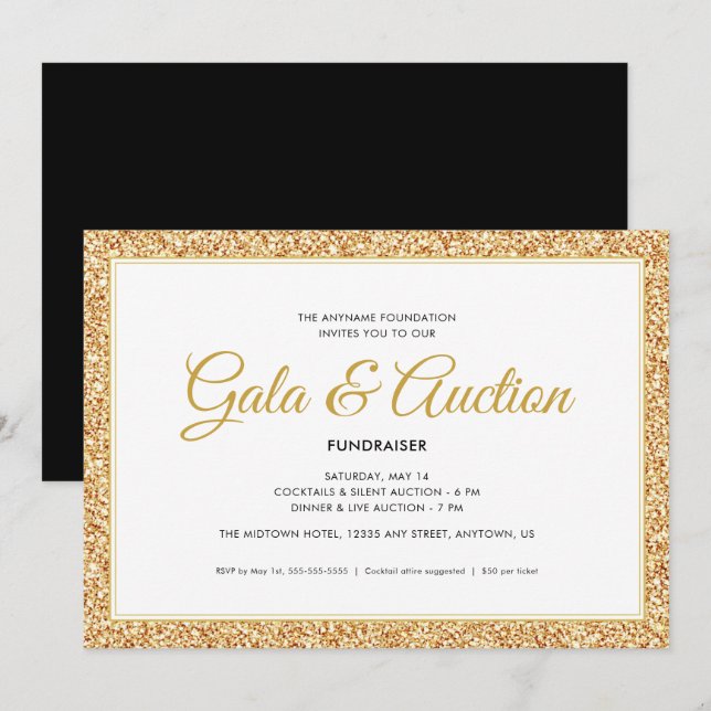Guld Faux Glitter | Gala Auction and Fundraiser Inbjudningar (Fram/baksida)