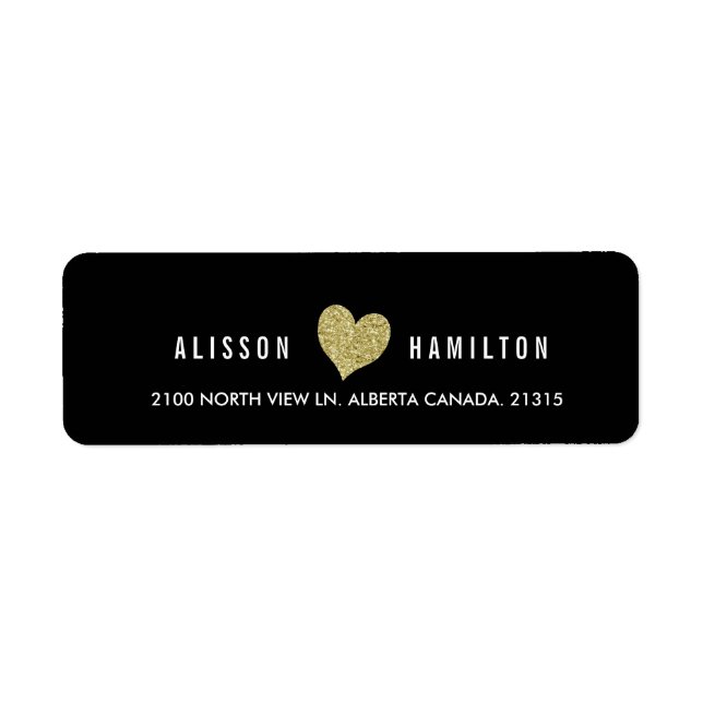 Guld Faux Glitter Heart på Black | RETURADRESS Etikett (Framsidan)