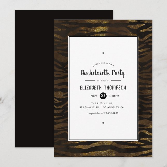 Guld Faux Glitter Jungle Tiger Bachelorette Party Inbjudningar (Fram/baksida)