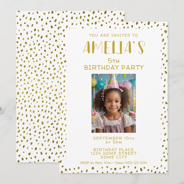 Guld Faux Glitter Kids Girl Birthday Inbjudningar (Fram/baksida)