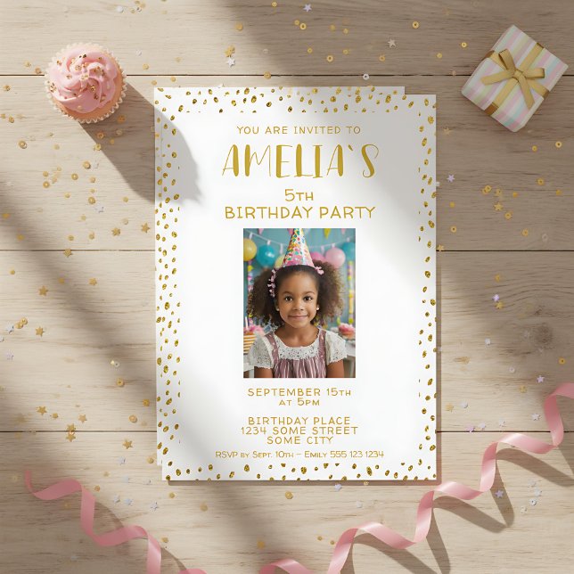 Guld Faux Glitter Kids Girl Birthday Inbjudningar (Skapare uppladdad)