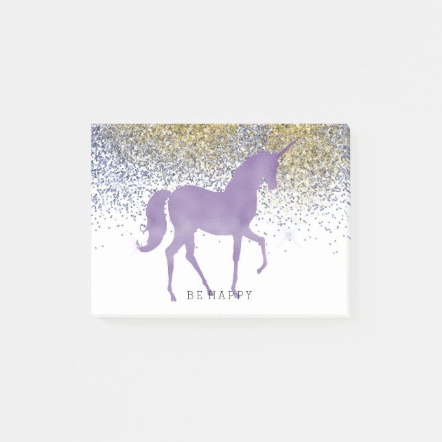 Guld Faux Glitter Lila Unicorn Personlig Post-it Block (Framsida)