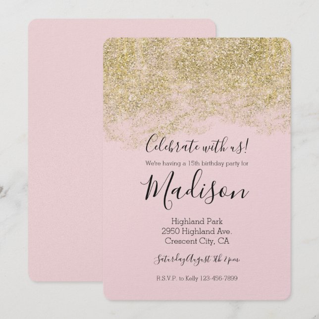 Guld Faux Glitter  Rosa Gnistra Inbjudningar (Fram/baksida)