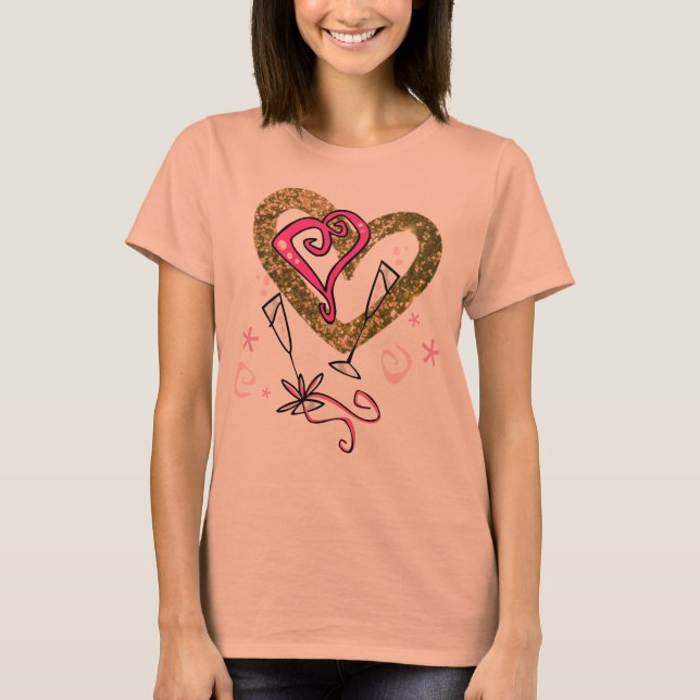 Guld Faux Glitter & Rosa Hearts Champagne Glass Tee Shirt (Framsida)