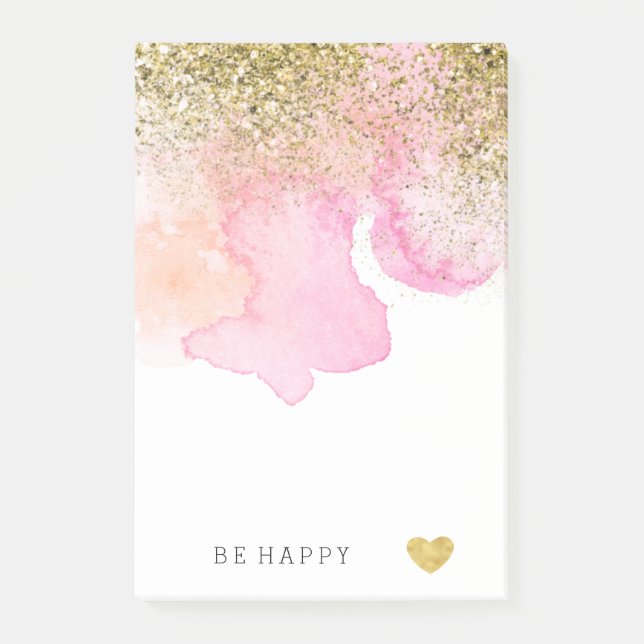 Guld Faux Glitter Rosa Peach Watercolor Post-it Block (Framsida)