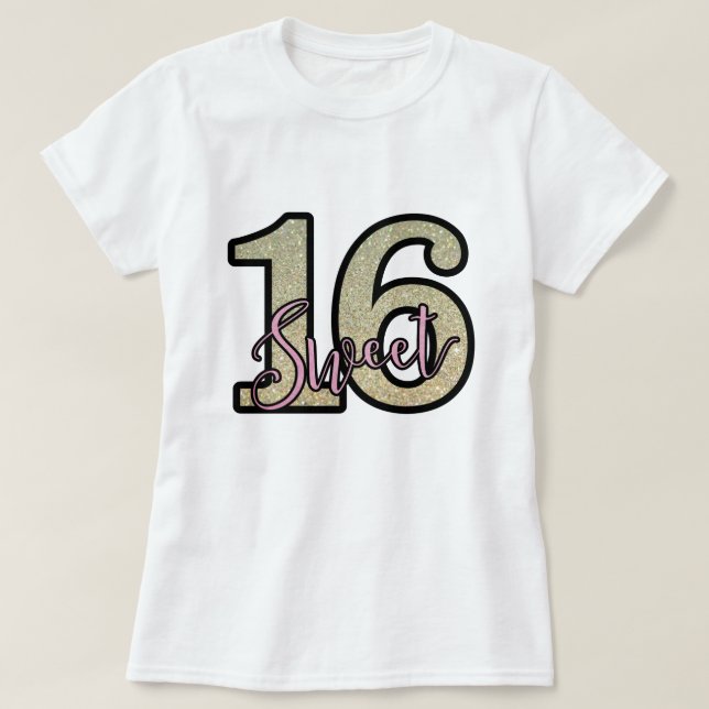 Guld Faux Glitter Skriv ut Sweet sixteen 16 på föd T Shirt (Design framsida)