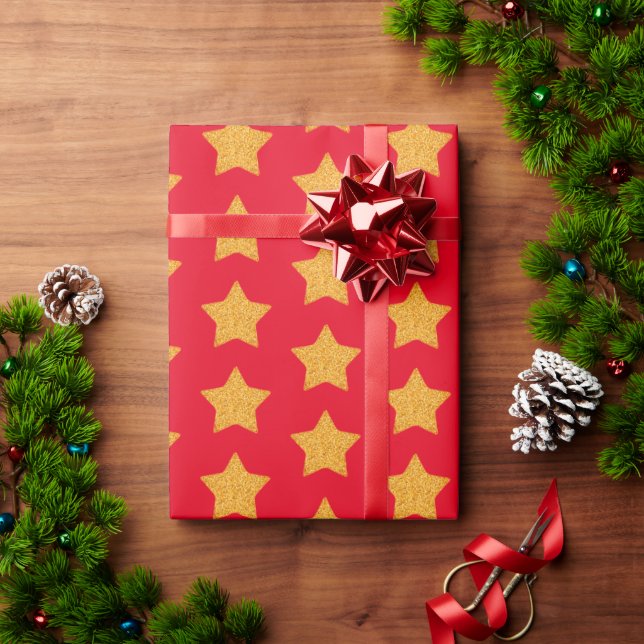 Guld Faux Glitter Star Mönster Red Gift Presentpapper (Julgåva)