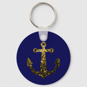 Guld faux gnistra Anchor marinblått glitter Nyckelring