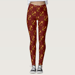 Guld faux gnistra Anchor sommar mönster mörk röd Leggings