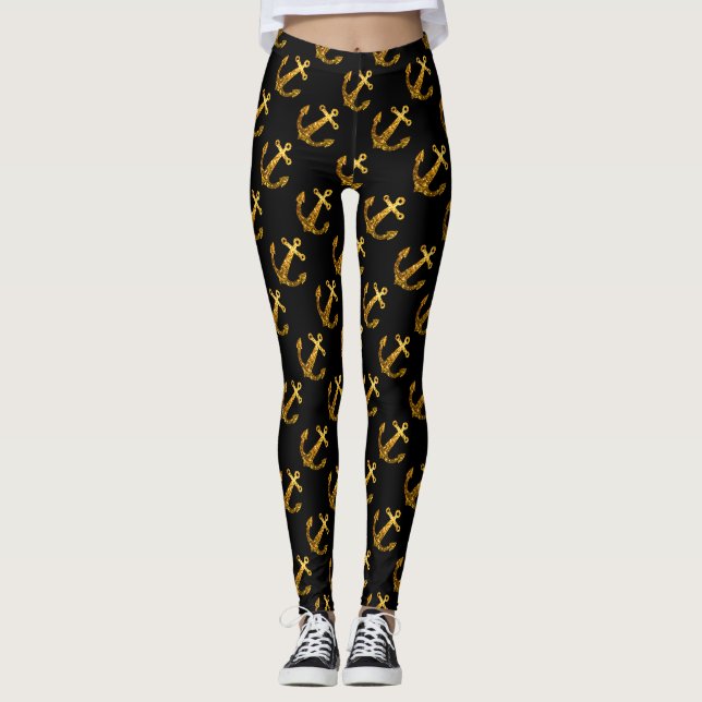 Guld faux gnistra Anchor sommar mönster svart Leggings (Framsida)