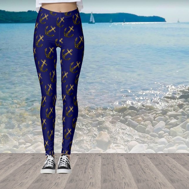 Guld faux gnistra glitter Anchor mönster marblått Leggings (Stand out with our breathable sparkly anchor leggings in many different colors!)