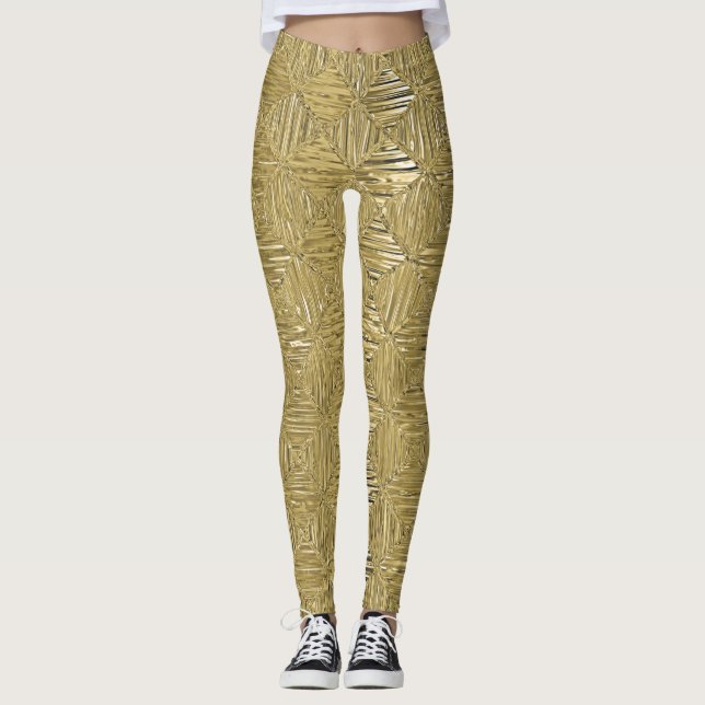 Guld Faux metalliska, geometriska mönster Leggings (Framsida)