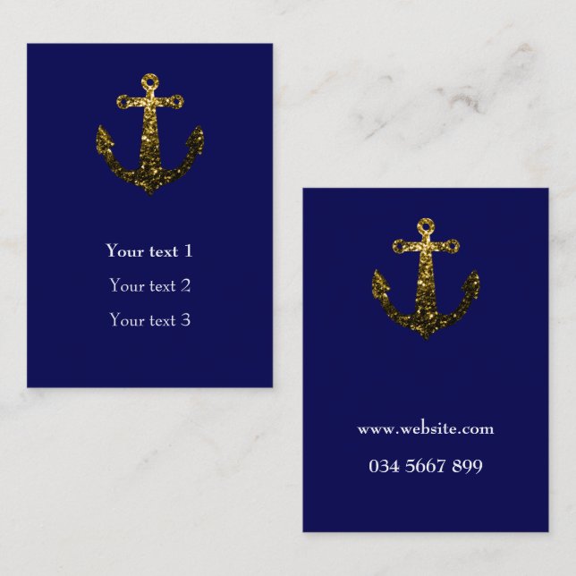 Guld faux sparkles Anchor marin blue Personalize Visitkort (Fram/baksida)