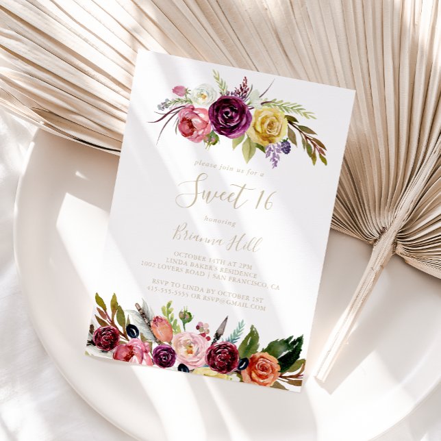 Guld Feather Boho Blommigt Sweet 16 Födelsedagsfes Inbjudningar (Skapare uppladdad)