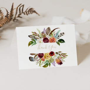 Guld Feather Boho Foldad Bröllop - tackkort