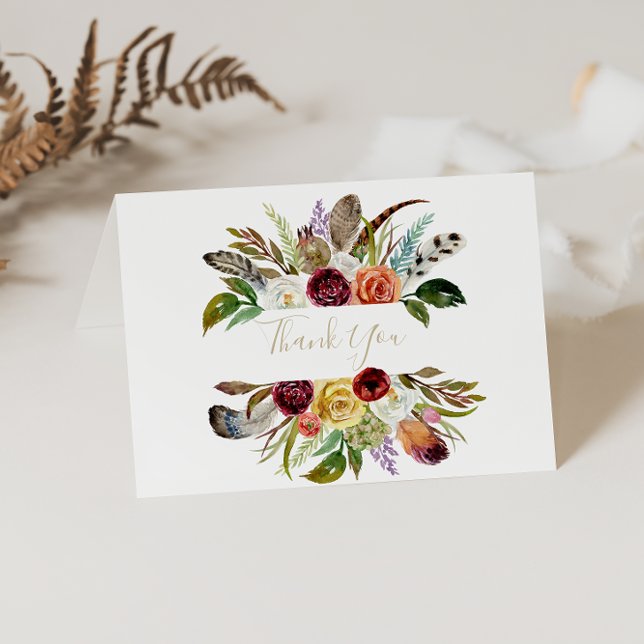 Guld Feather Boho Foldad Bröllop - tackkort (Skapare uppladdad)