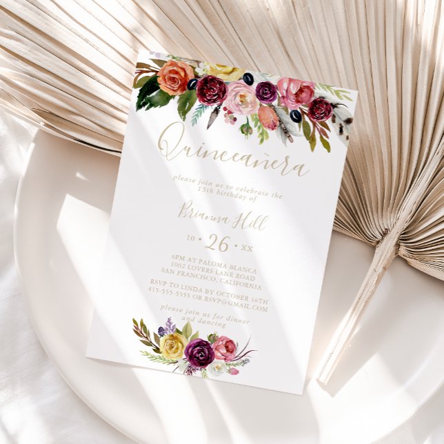 Guld Feather Boho Tropical Blommigt Quinceañera Inbjudningar (Skapare uppladdad)