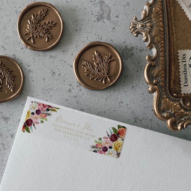 Guld Feather Boho Tropical Blommigt Returadress Etikett (Skapare uppladdad)