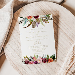 Guld Feather Boho Tropical Blommigt Spanska Bröllo Inbjudningar