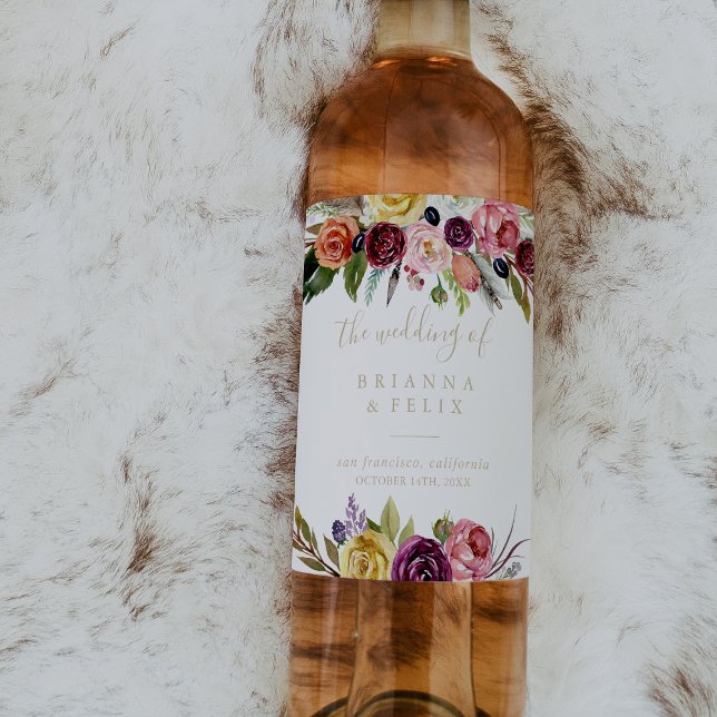 Guld Feather Boho Tropical Bröllop Vin-etiketter Vinflaska Etikett (Skapare uppladdad)