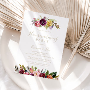 Guld Feather Boho Tropical Houseuppvärmning Party Inbjudningar