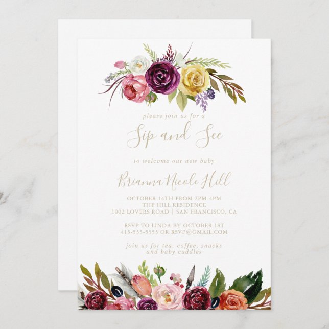 Guld Feather Boho Tropical Sip och se inbjudan (Fram/baksida)