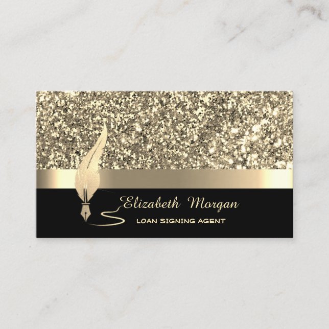 Guld Feather Rand Sequins Confetti Black Notary Visitkort (Framsida)