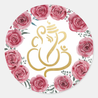 Guld Festiv Ganesh| Indisk Gud Röda Rosor Krans Runt Klistermärke