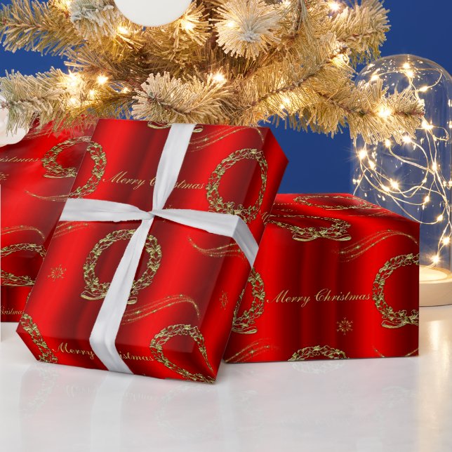 Guld Festive Wreaths on Red jul Presentpapper (Helgdagar)