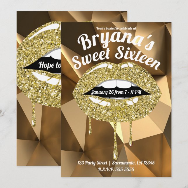 Guld festlig lyx glitter droppande läppar Sweet 16 Inbjudningar (Fram/baksida)