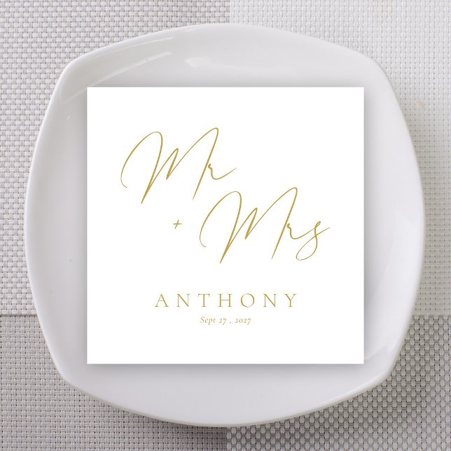 Guld Fet Marker Herr + Fru Bröllop Pappersservett (Elegant Mr & Mrs Gold Script Custom Wedding Napkins)