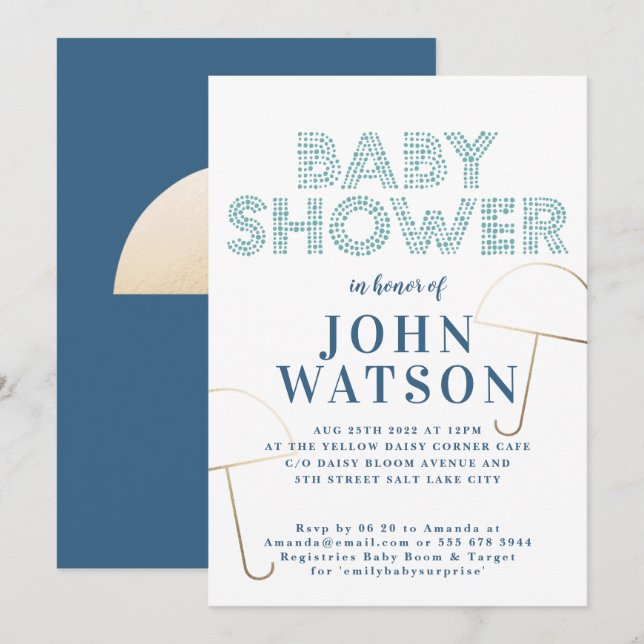 Guld - feta paraplyblått och vitt babyskor inbjudningar (Fram/baksida)