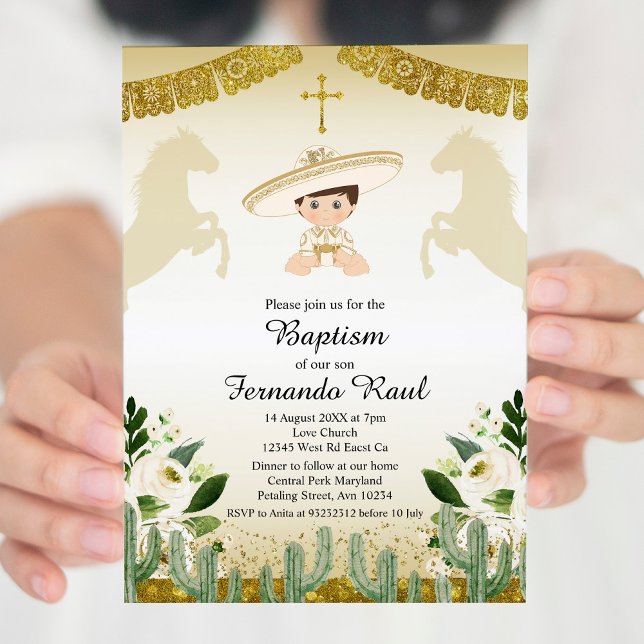 Guld Fiesta Boy Baptism Christening Inbjudningar (Skapare uppladdad)
