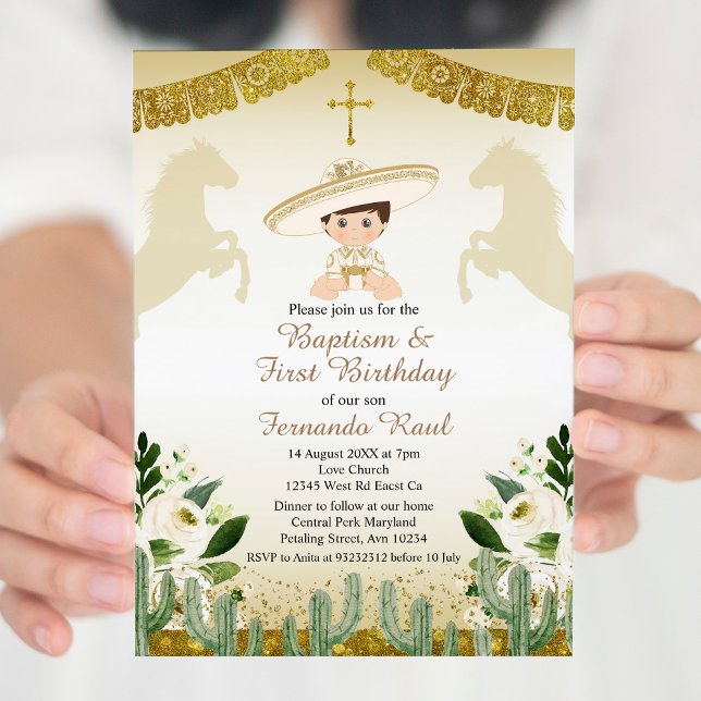Guld Fiesta Boy Baptism och födelsedag Inbjudningar (Skapare uppladdad)