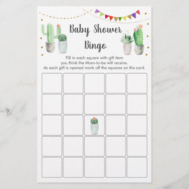 Guld Fiesta Cactus Baby Shower Bingo Game (Framsida)