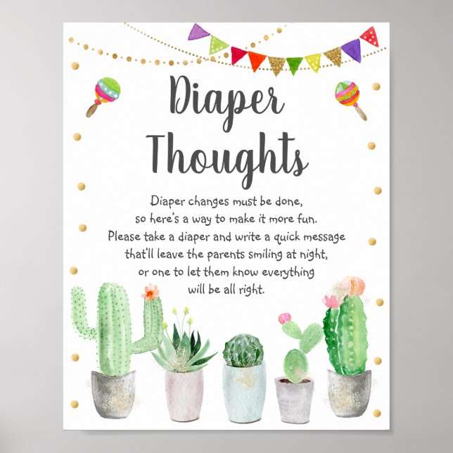 Guld Fiesta Cactus Diaper Thoughts Baby Shower Poster (Framsidan)