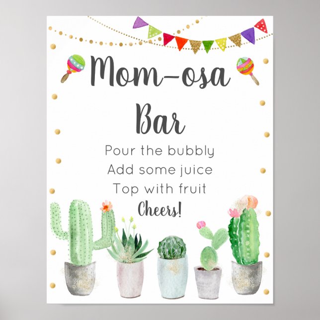 Guld Fiesta Cactus Mamma-osa Pub Baby Shower Sign Poster (Framsidan)