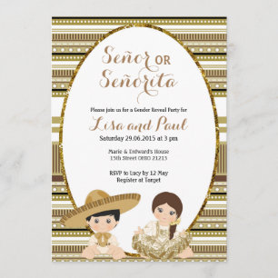 Guld Fiesta Señor eller Señorita Gender Reveal Inbjudningar