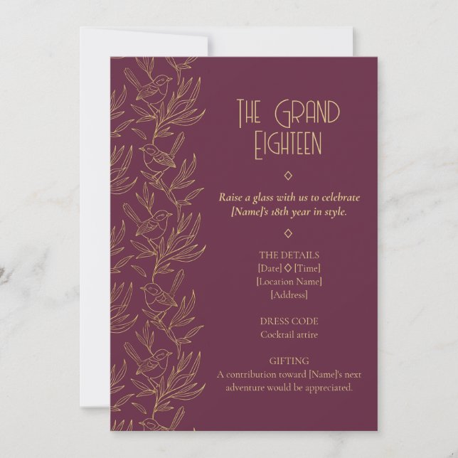 Guld filigran Art Deco | Fairy Wren 18-årsdag Inbjudningar (Framsida)