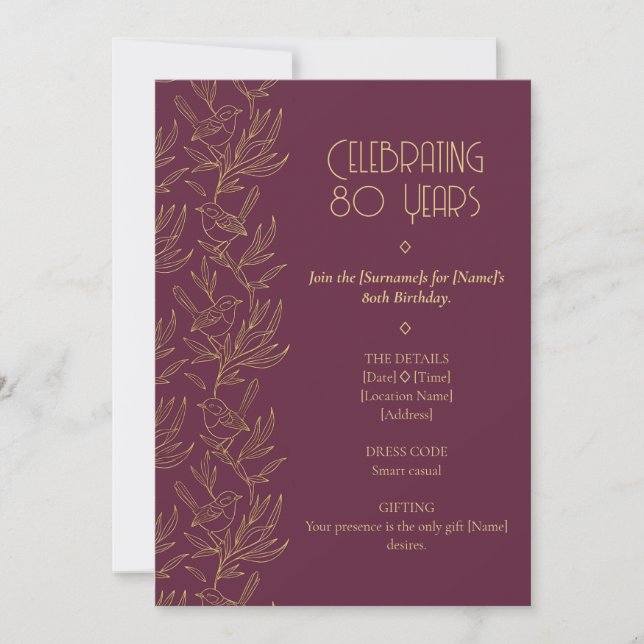 Guld filigran Art Deco | Fairy Wren 80-årsdag Inbjudningar (Framsida)