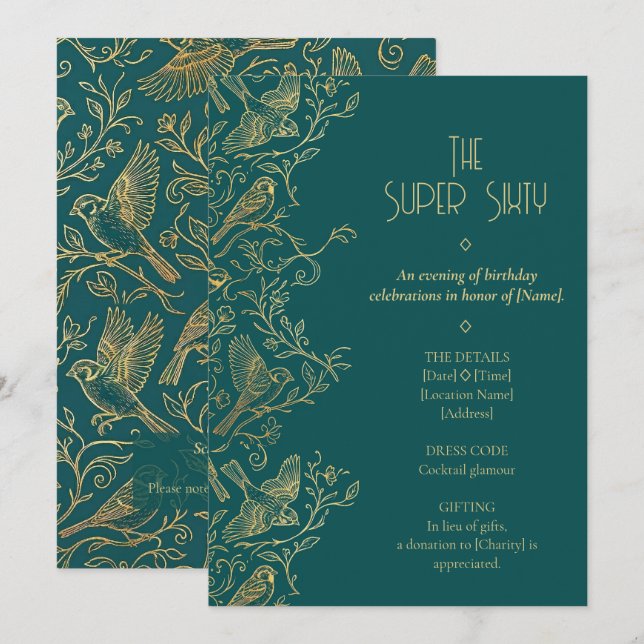 Guld filigran Art Deco | Sparv 60-årsdag Inbjudningar (Fram/baksida)