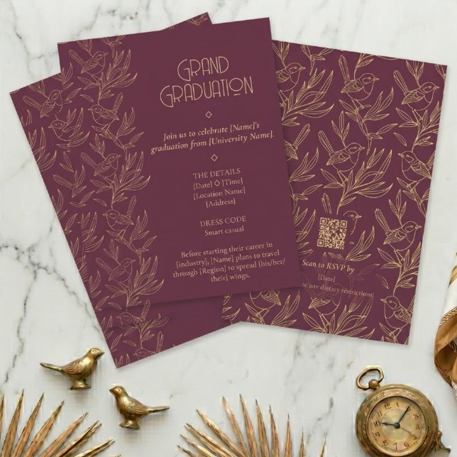 Guld Filigree Art Deco | Fairy Wren Examen Inbjudningar (Flat Lay)