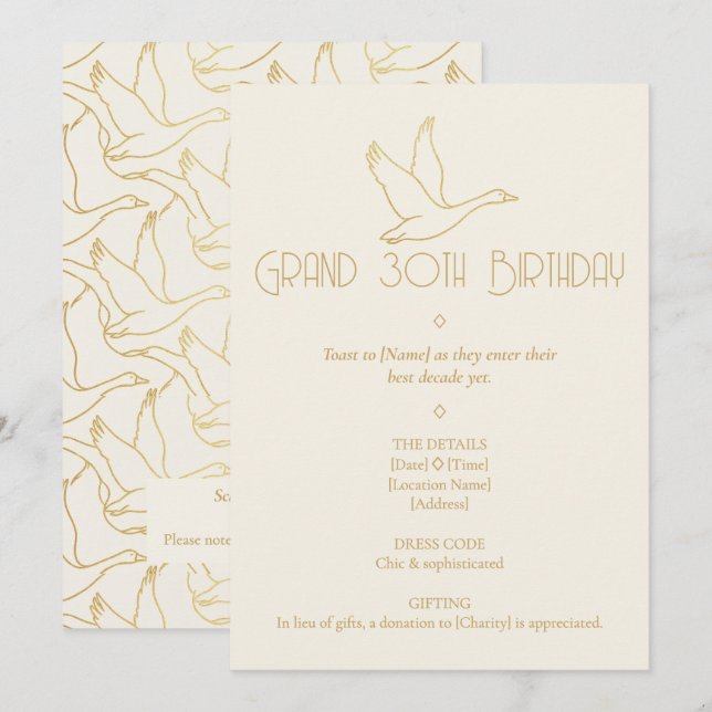 Guld Filigree Art Deco | Gås 30-årsdag Inbjudningar (Fram/baksida)