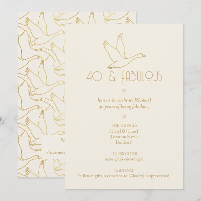 Guld Filigree Art Deco | Gås 40-årsdag Inbjudningar (Fram/baksida)