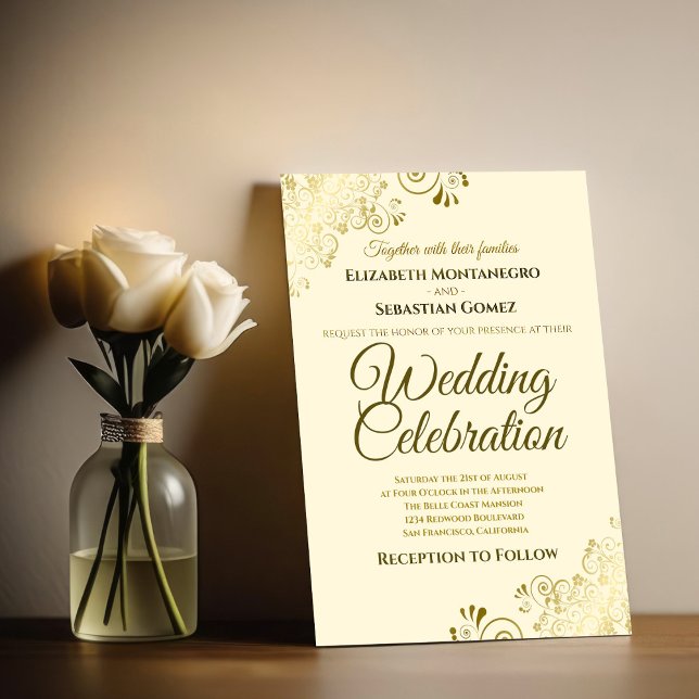 Guld Filigree Chic Elegant Formel Cream Bröllop Inbjudningar (Skapare uppladdad)