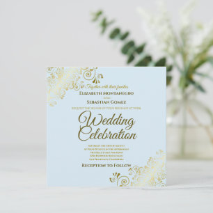 Guld Filigree Elegant Powder Blue Square Bröllop Inbjudningar