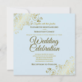 Guld Filigree Elegant Powder Blue Square Bröllop Inbjudningar