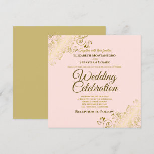 Guld Filigree Elegant  Rosa Square Bröllop Inbjudningar