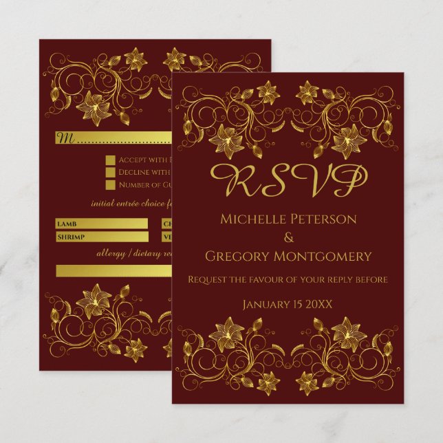 Guld Filigree Flower & Ivy på Burgundy-bakgrunden OSA Kort (Fram/baksida)