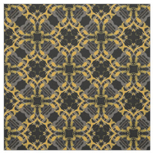 Guld Filigree Flowers & Black Grått Check Mönster Tyg
